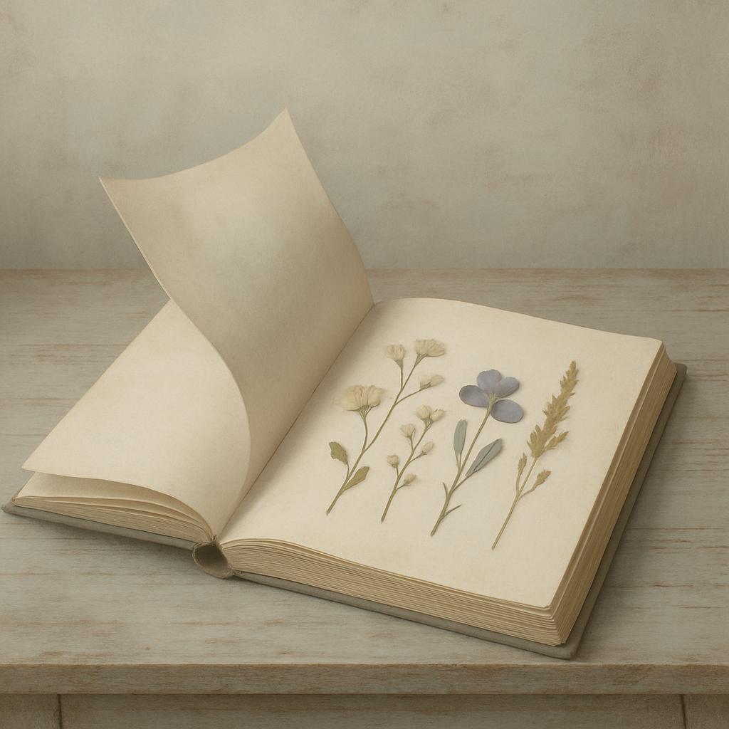 Close-up of a book lying open on a table, with pressed flowers inside a still-life photograph set against a plain wall bac...